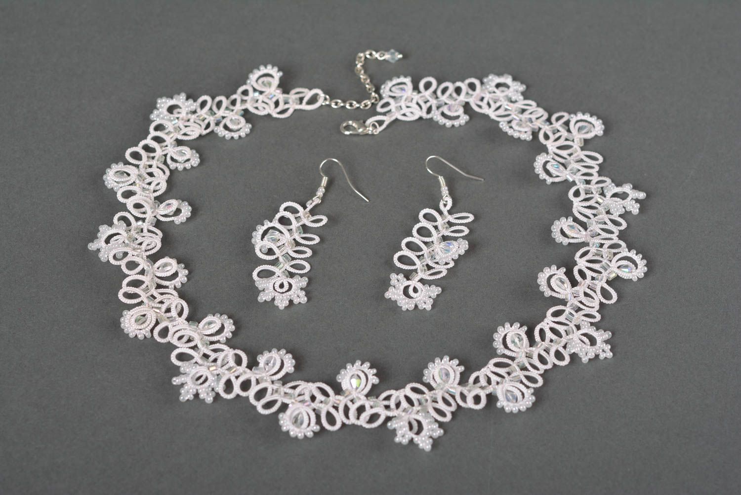 Handmade jewelry set fashion necklace long earrings tatting lace gifts for her photo 1
