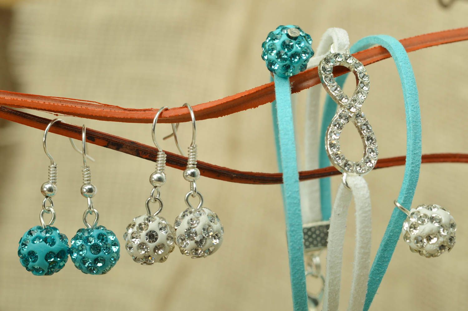 Handmade designer jewelry set beaded earrings 2 pairs and suede cord bracelet photo 1
