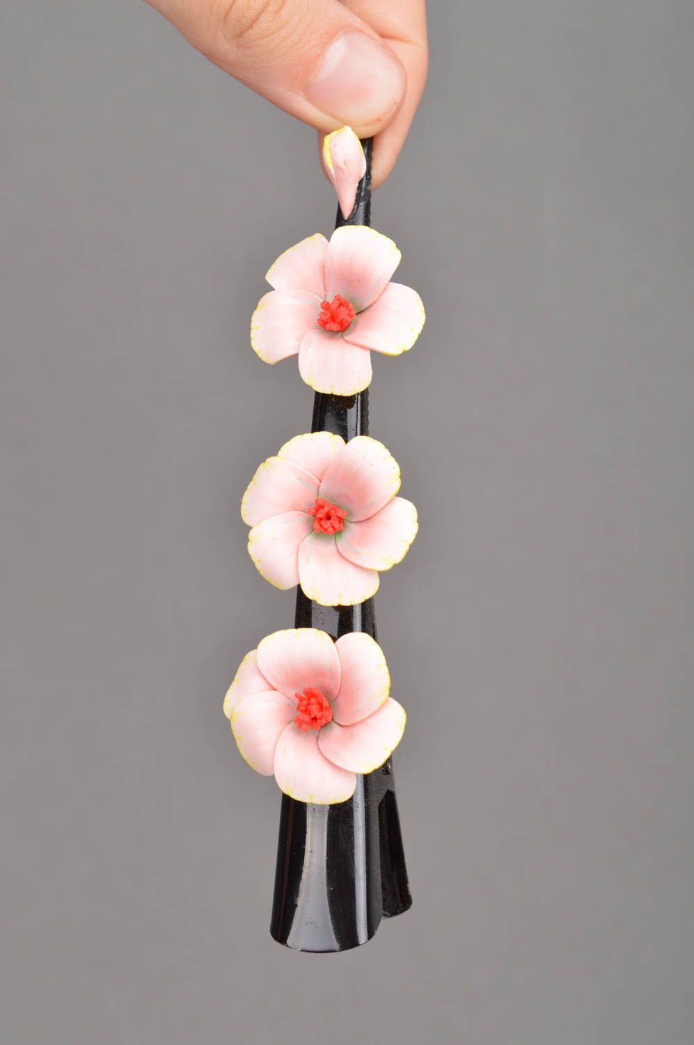 Handmade large metal hair clip with tender polymer clay pink sakura flowers photo 2