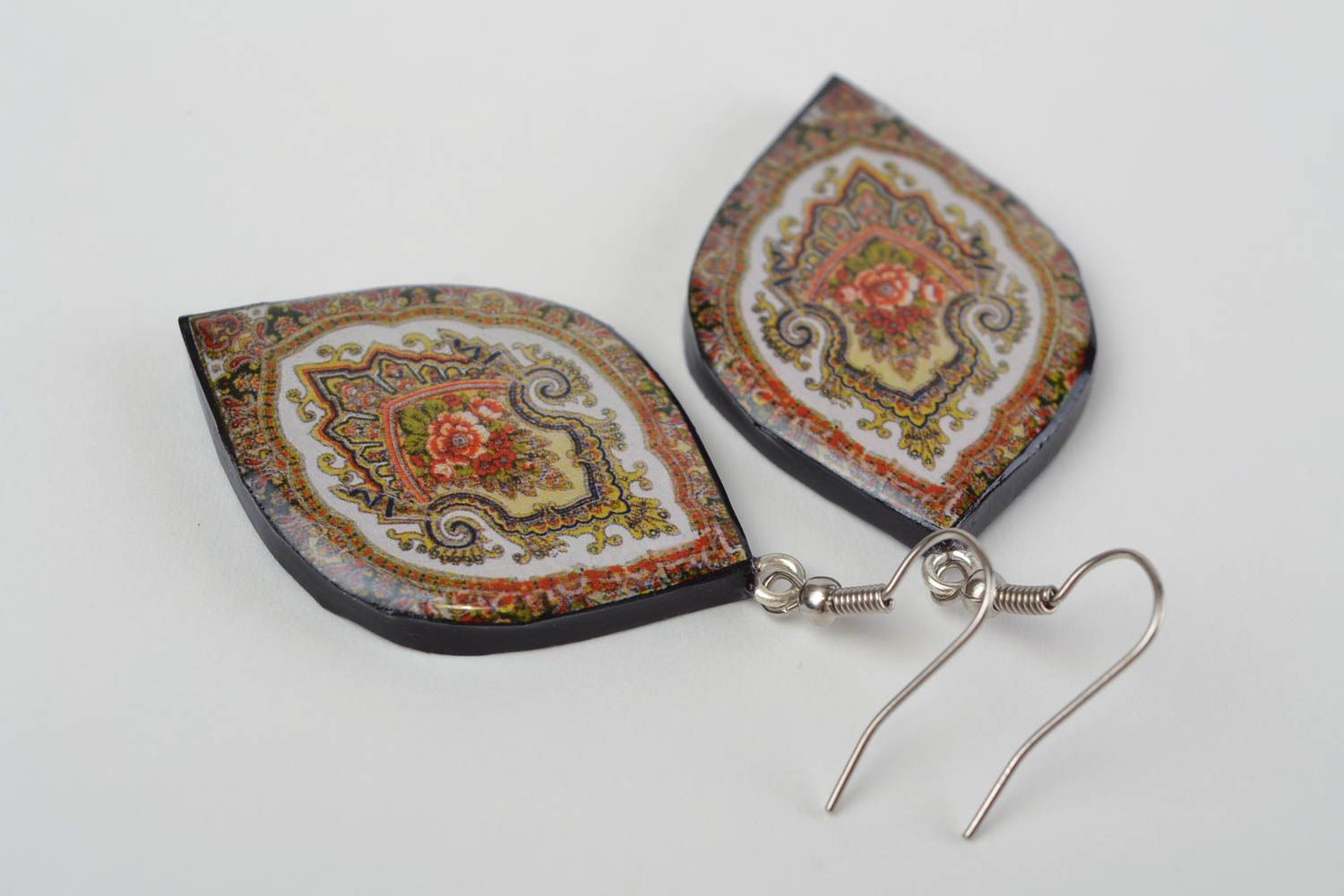 Handmade designer polymer clay dangling earrings with decoupage large ornamented photo 4