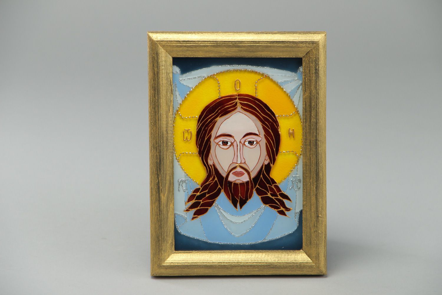 Handmade stained glass Icon of Christ Not Made by Hand equipped with frame photo 2