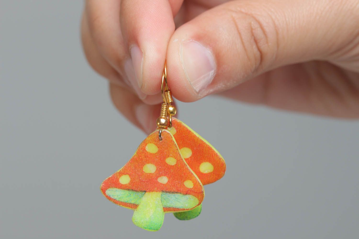 Handmade polymer clay earrings with print cute Mushrooms designer accessory photo 5