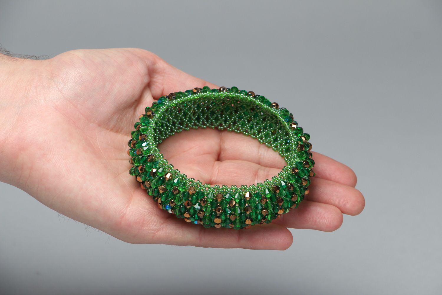 Green handmade beaded bangle bracelet with crystal beads for girls photo 3
