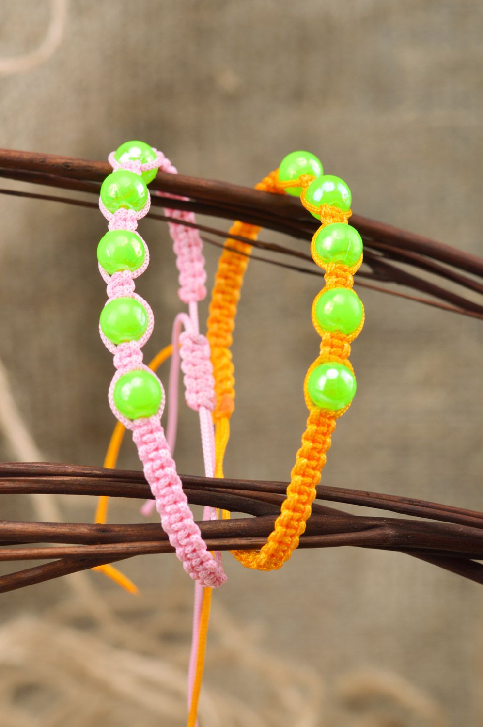 Beautiful handmade women's woven bead bracelets set 2 items Neon photo 1