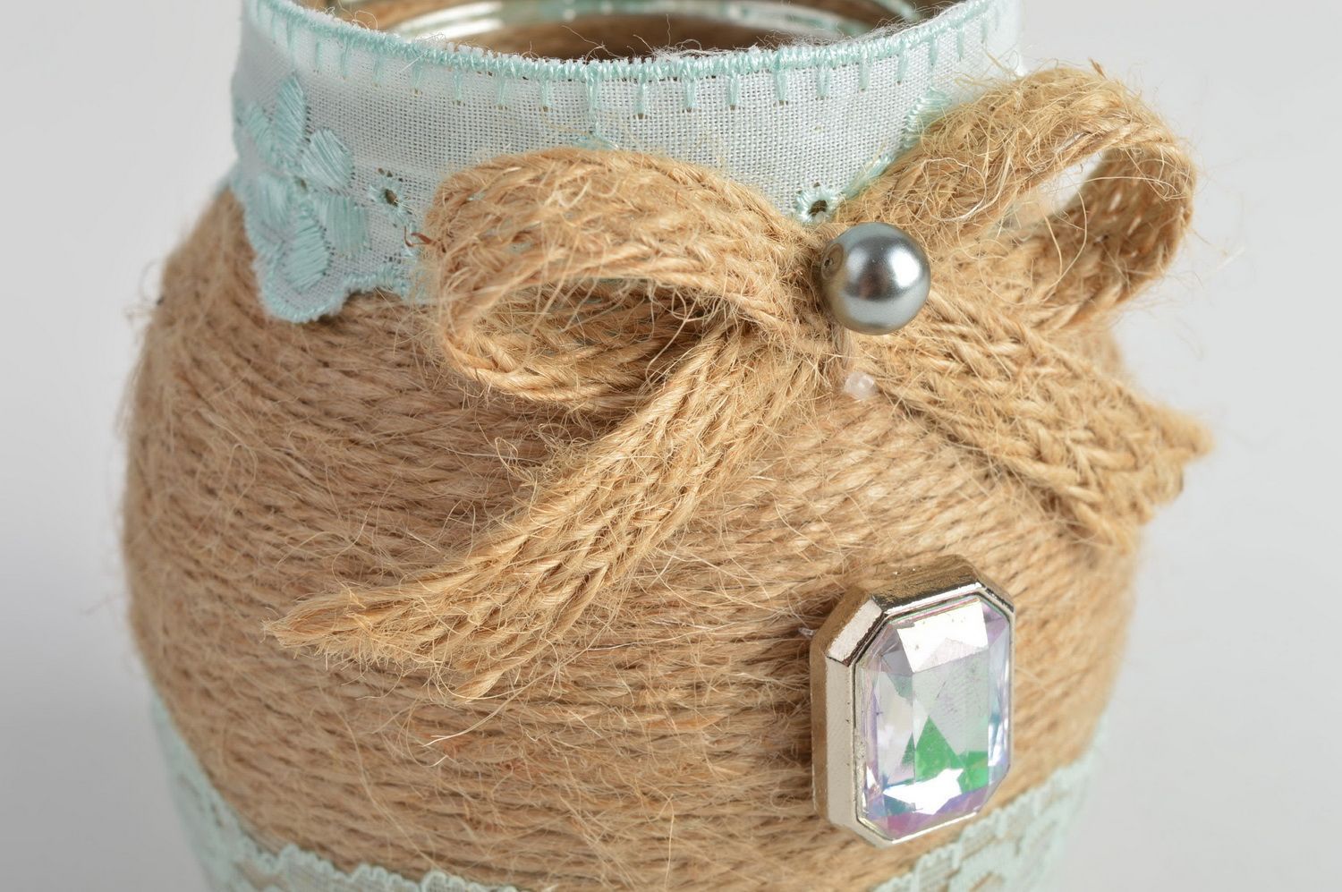 Florero de cristal artesanal con forma de tarro decorado con cordones 250 ml foto 5