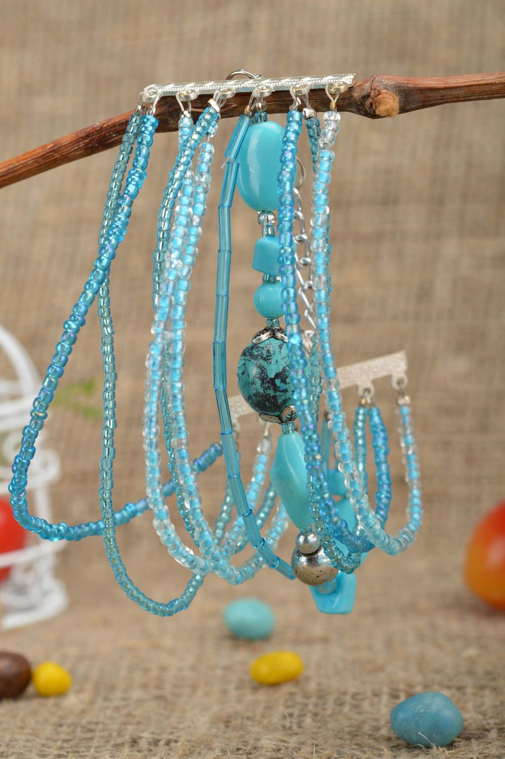 Stylish designer handmade blue multi-row wrist bracelet woven of beads photo 1