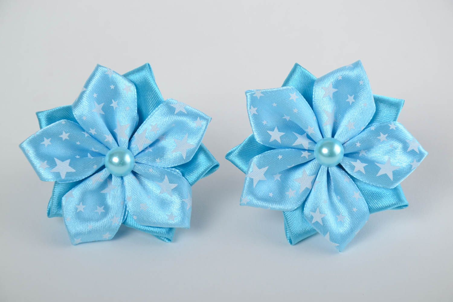 Handmade blue hair ties with flowers of satin ribbons for kids 2 pieces photo 4
