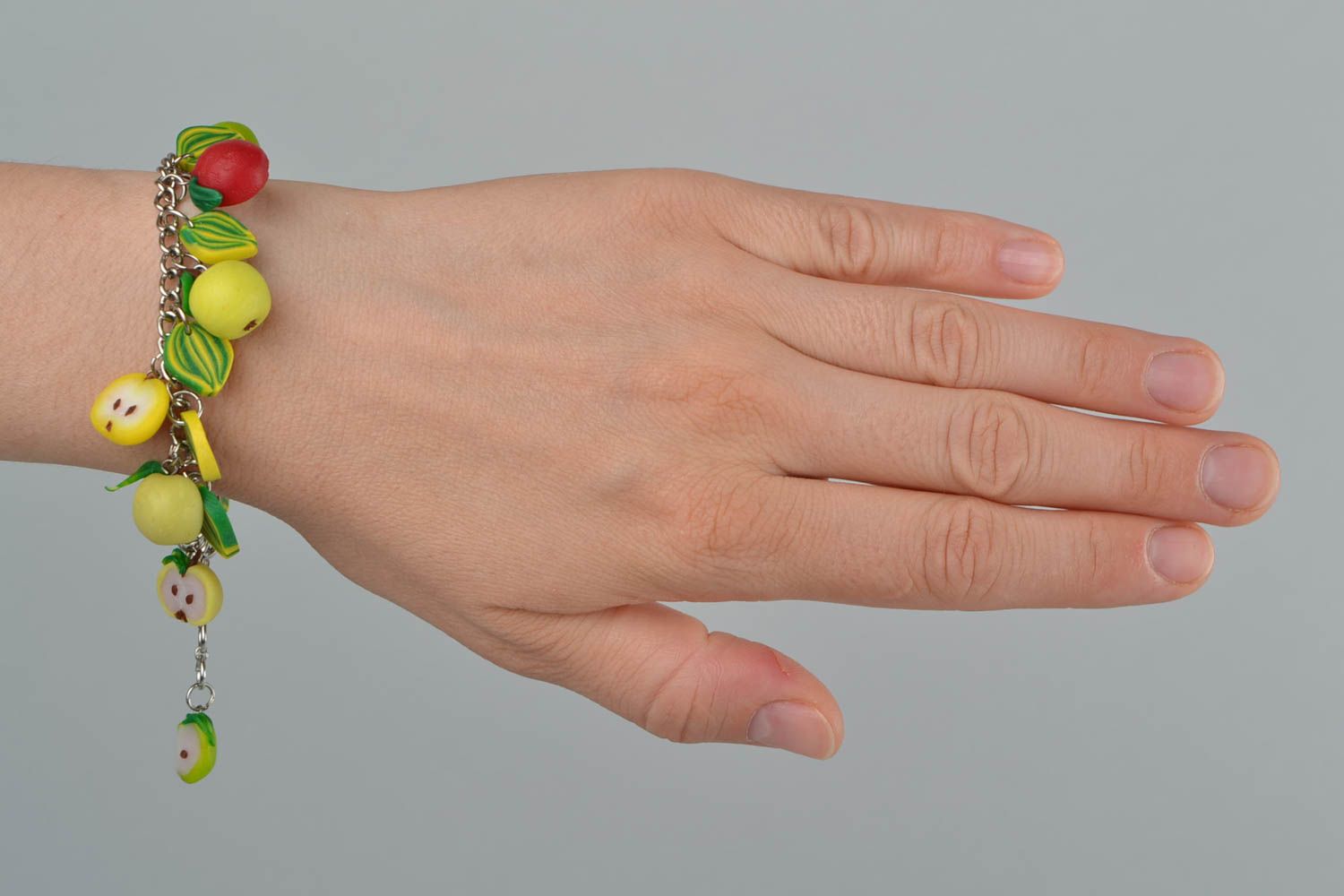 Handmade green designer wrist bracelet with fruit made of polymer clay  photo 3