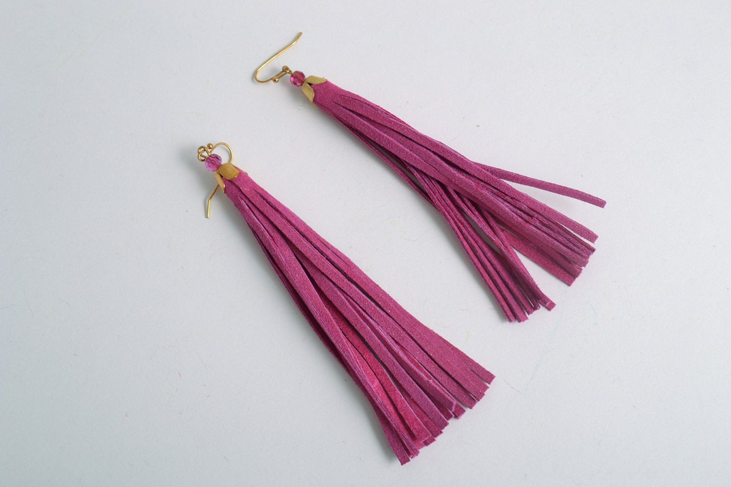 Long handmade earrings with a fringe made of genuine suede pink bright stylish accessory photo 3