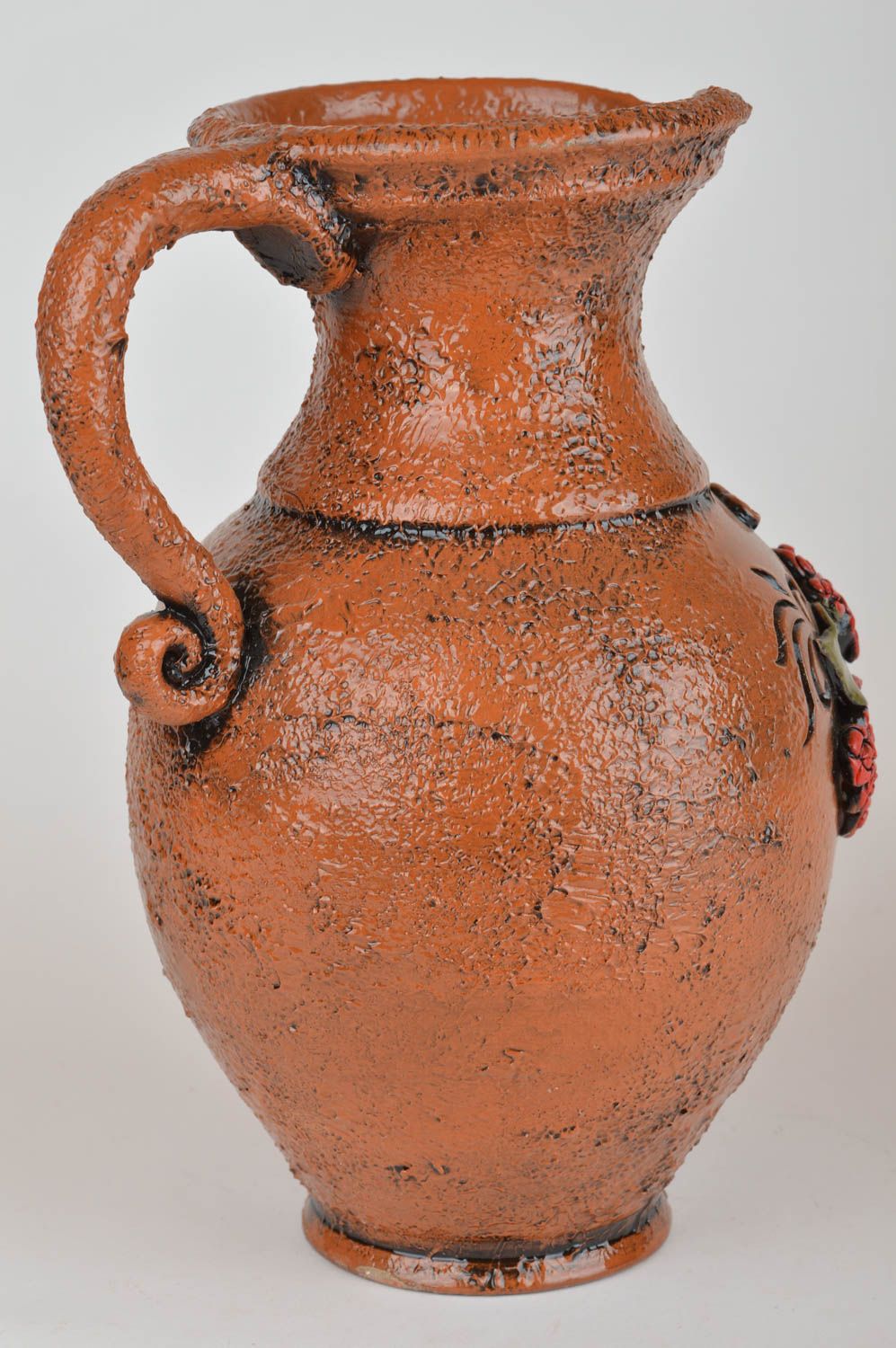 Cruche en argile avec fleurs faite main vaisselle peinte poterie brune 3 L photo 5