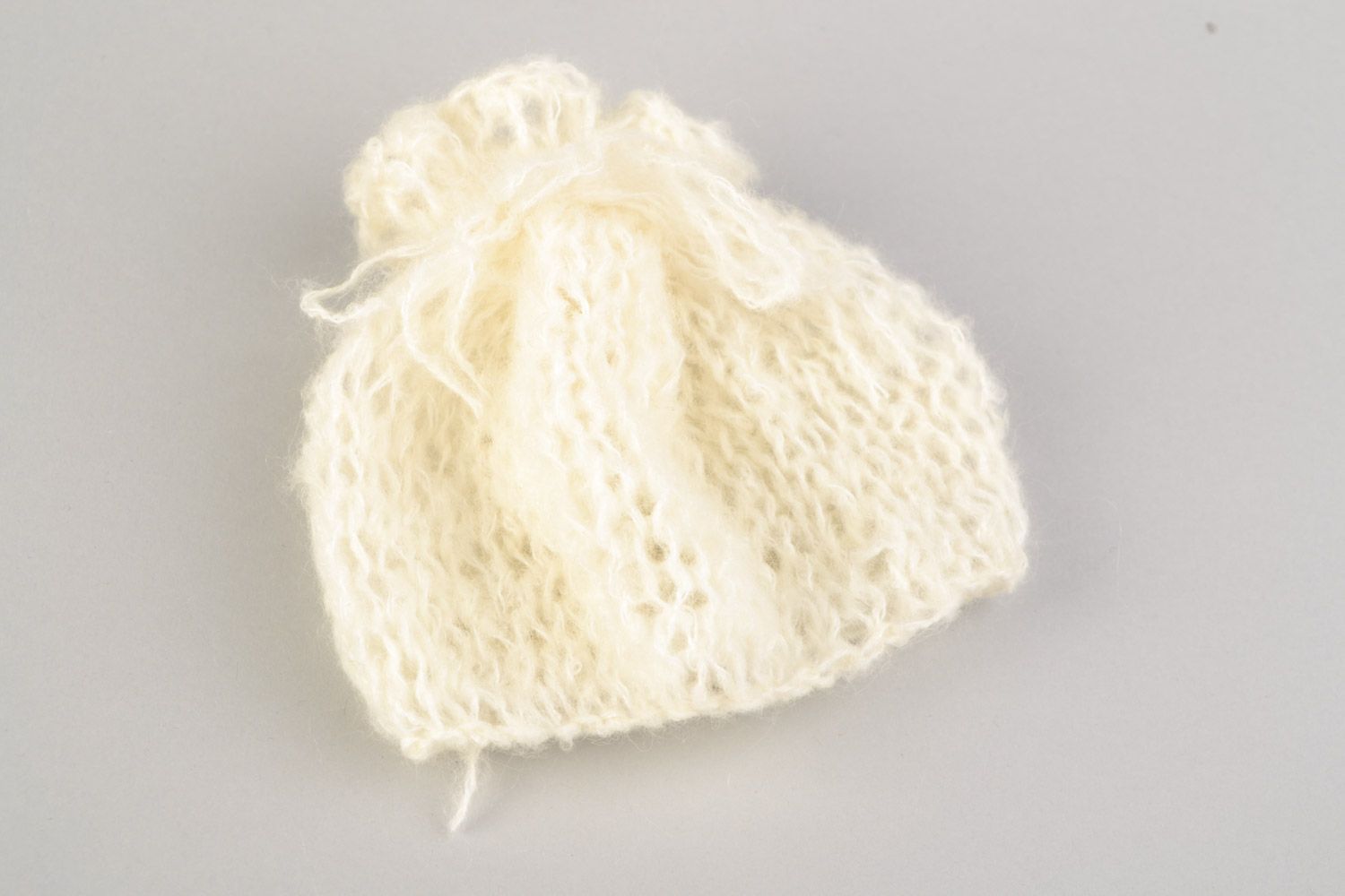Openwork handmade crocheted baby hat for girls of gentle warm milky color up to 3 months photo 3