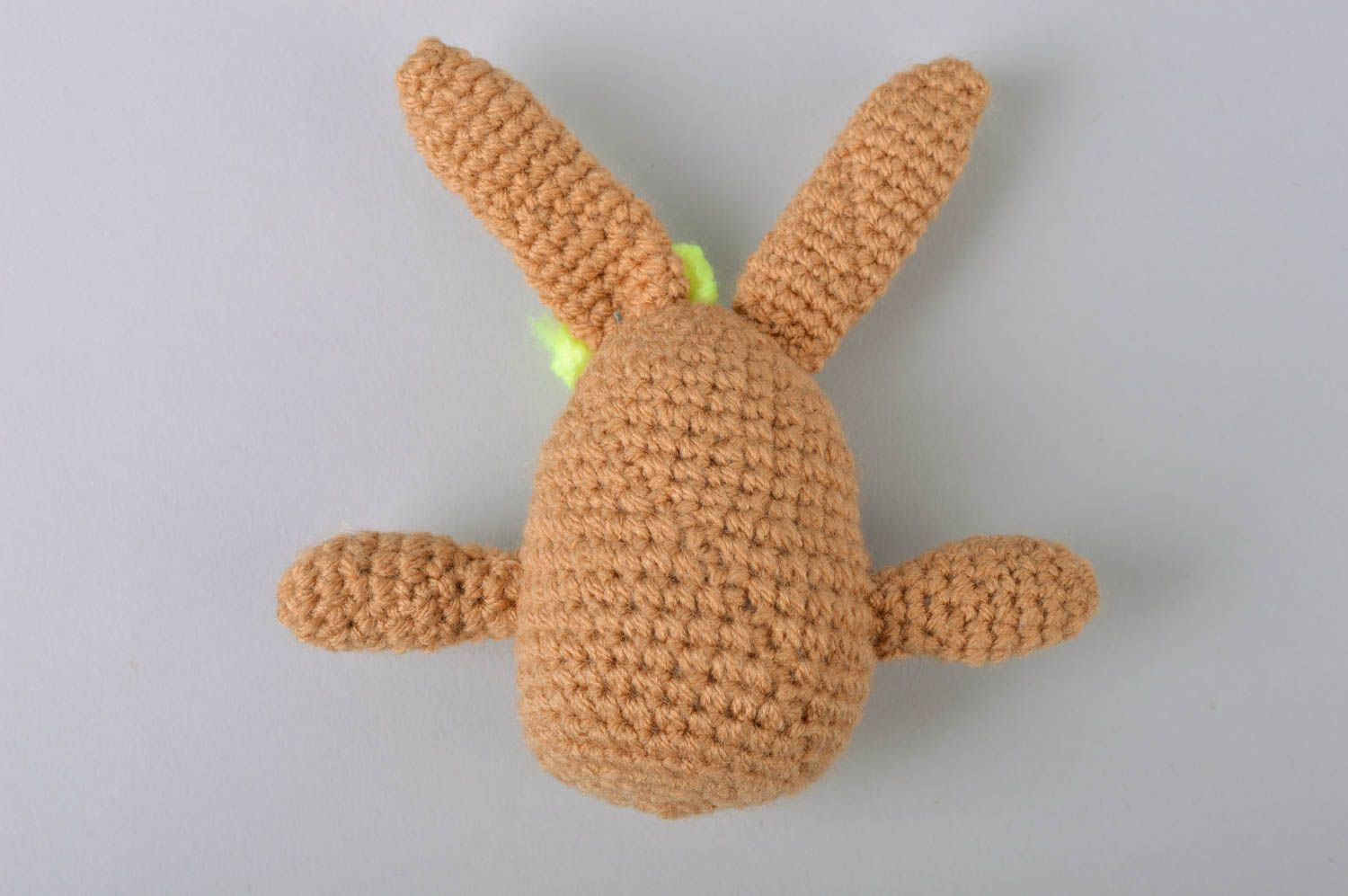 Handmade small soft toy crocheted of semi cotton threads brown rabbit with bow photo 4