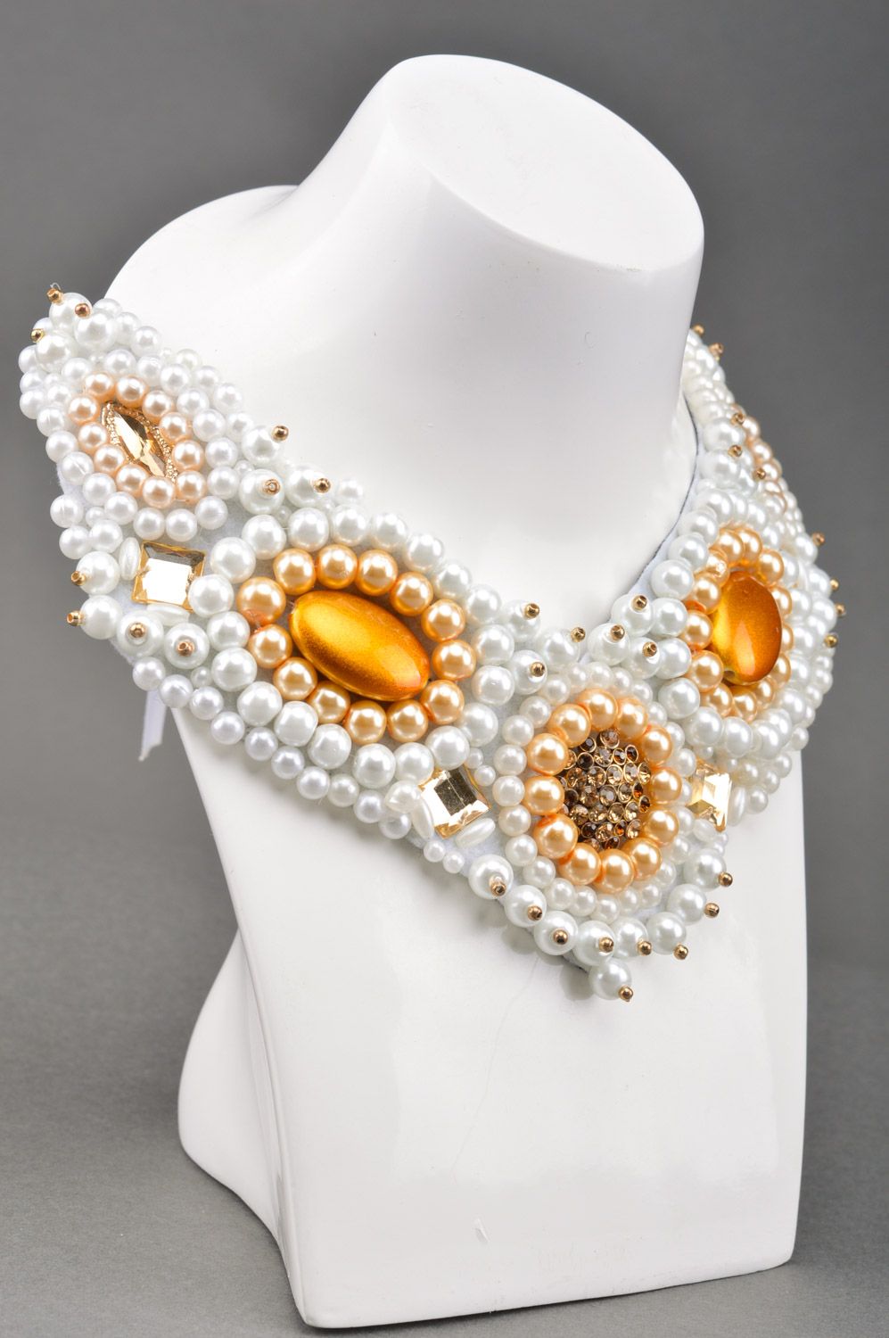 Massive handmade white bead embroidery necklace with yellow rhinestones Marylin photo 3