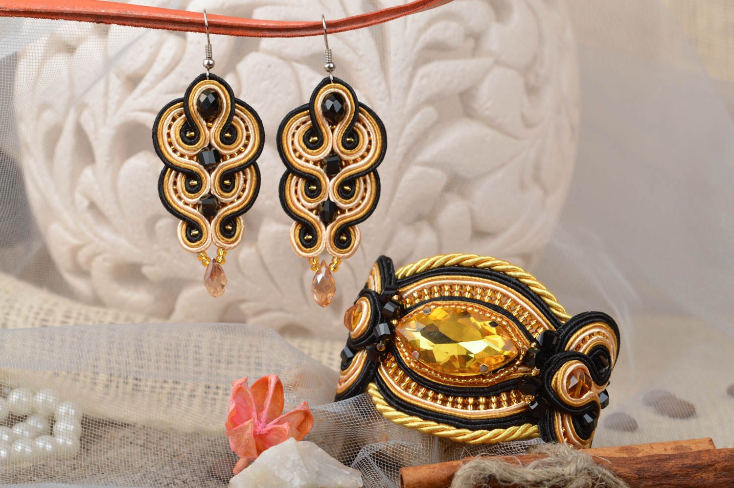 Beautiful homemade designer jewelry set soutache bracelet and earrings  photo 1
