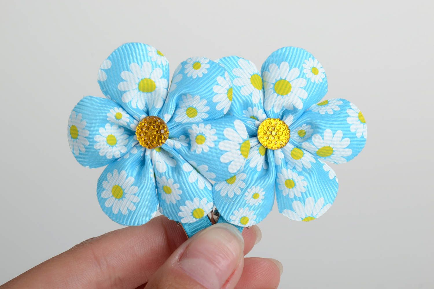 Set of 2 homemade hair clips with blue satin ribbon flowers with pattern photo 5