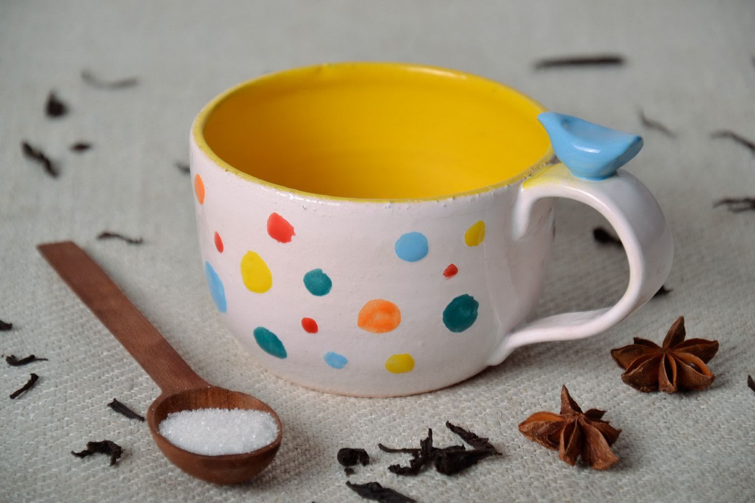 8 oz drinking ceramic glazed cup with handle and dotted multicolor pattern photo 1