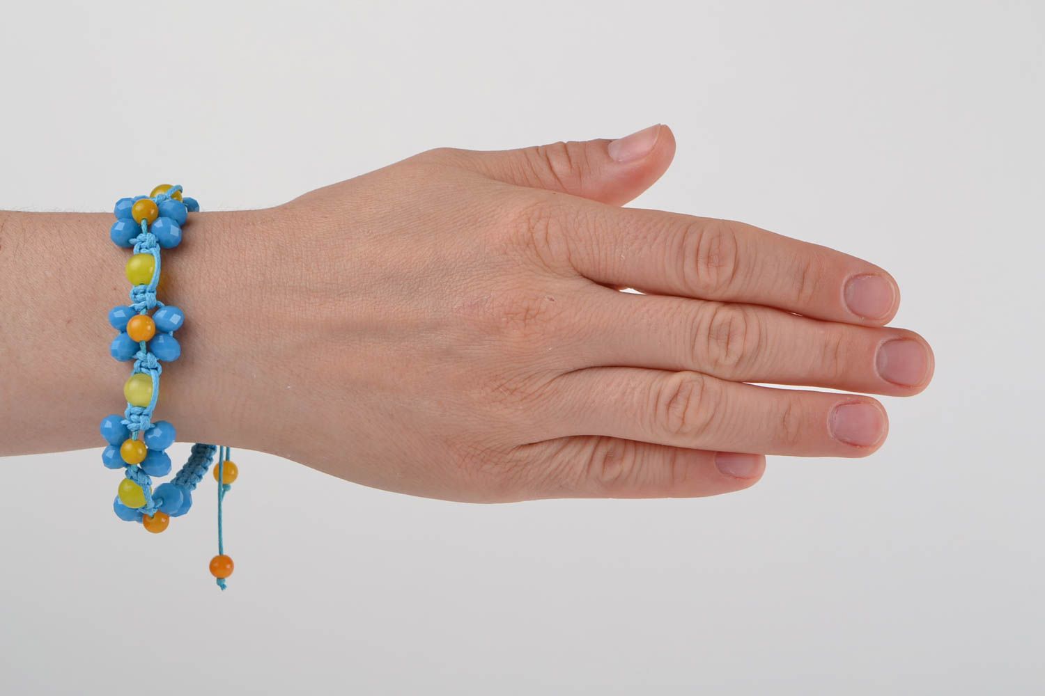 Macrame blue handmade bracelet created of Czech glass beads and waxed cord photo 2