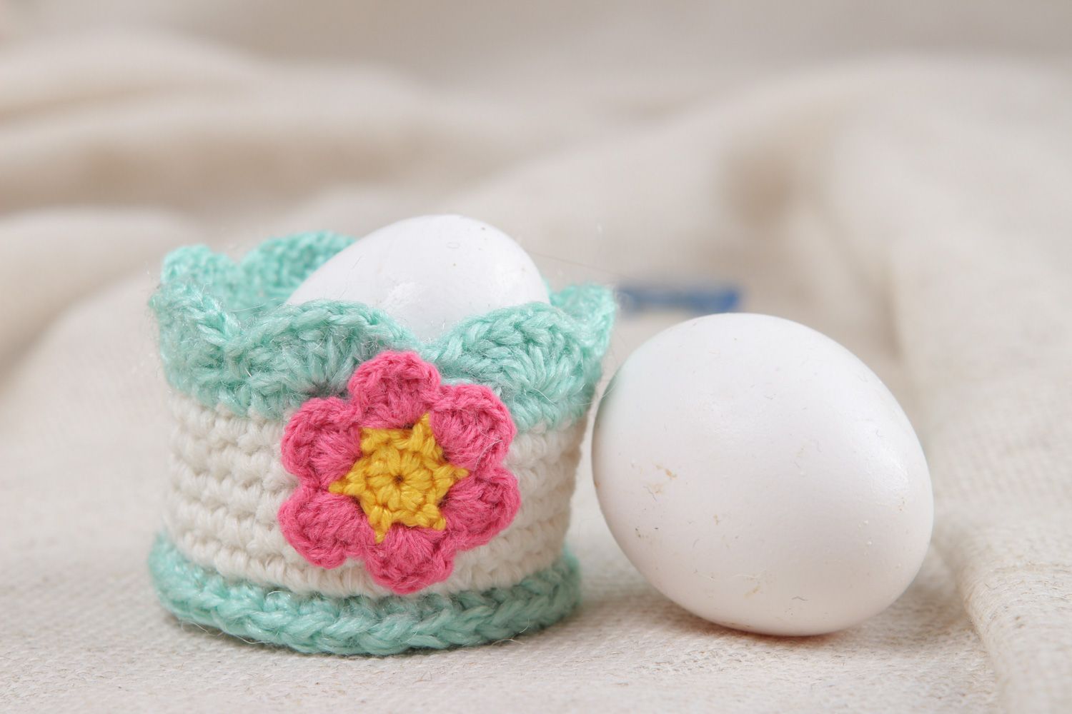 Tender painted egg stand crocheted of wool in white and blue colors Easter decor photo 5