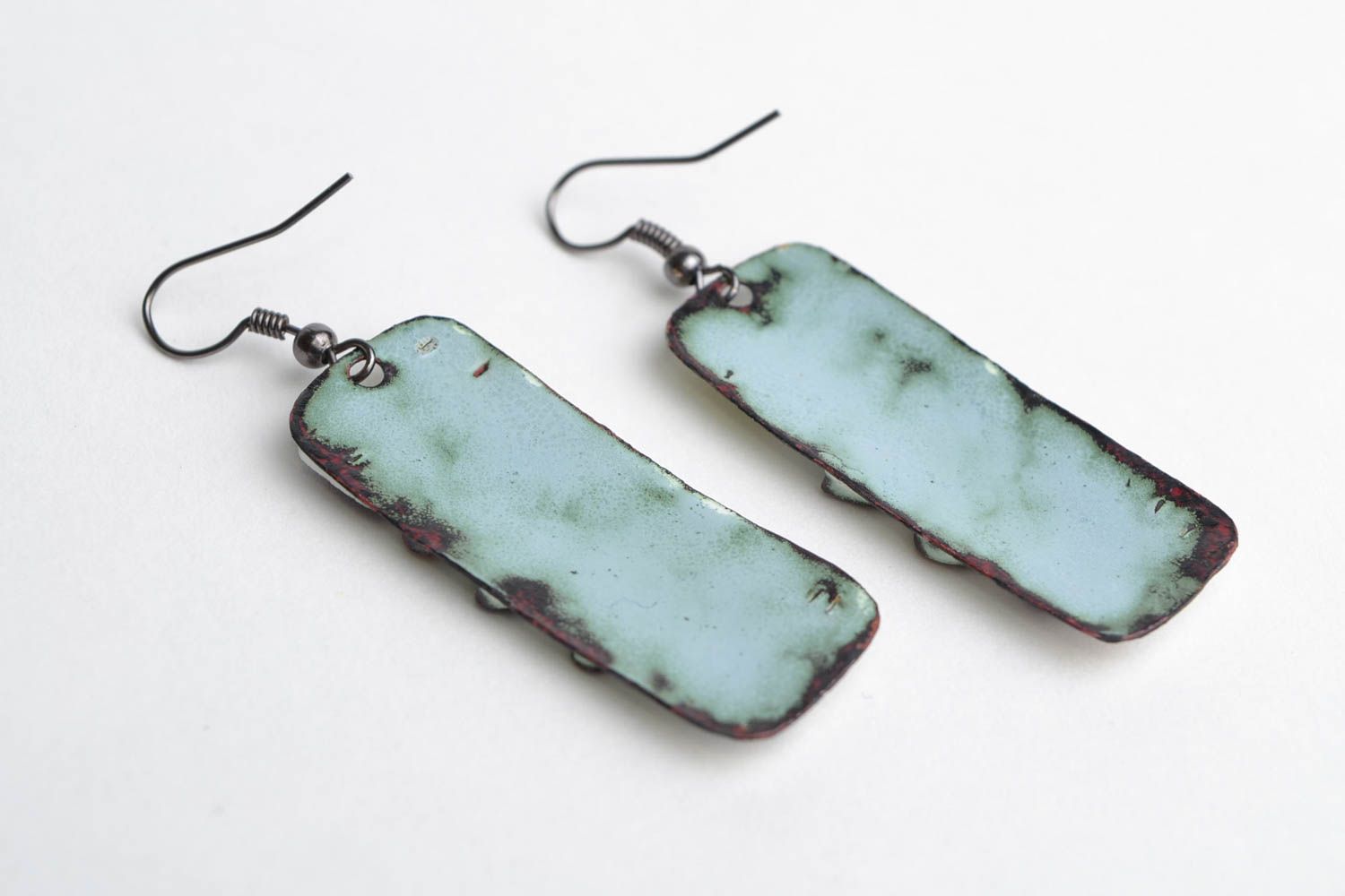 Handmade long rectangular copper earrings with enamel painting Violet Buds photo 5