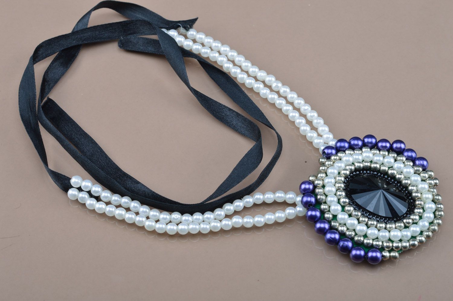 Handmade bead embroidered necklace with rhinestones on felt basis Mirror photo 2