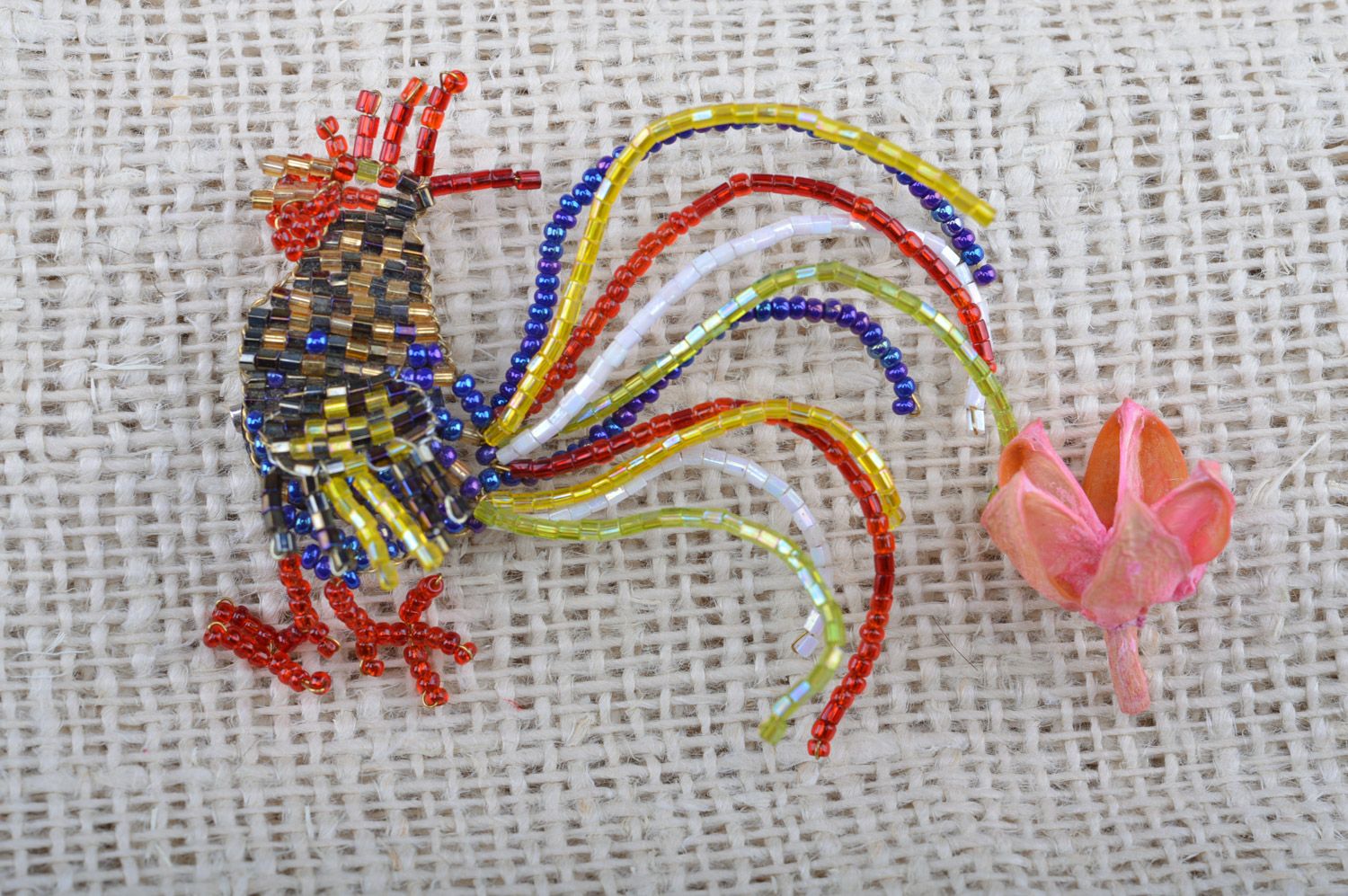 Unusual multi-colored beaded brooch hand woven with fishing line in the shape of cock photo 4