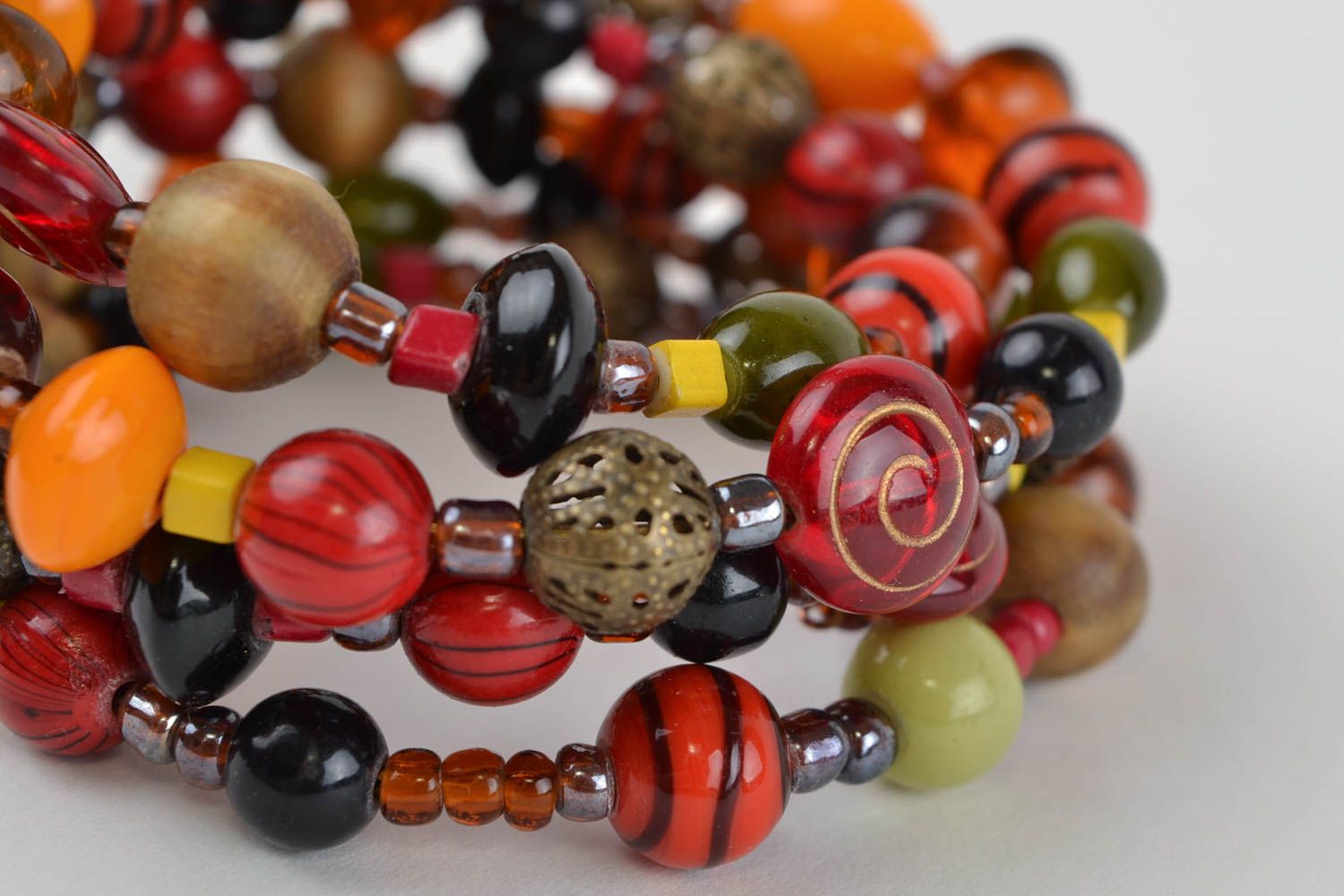 Handmade multi row designer wrist bracelet with wooden and glass colorful beads photo 4