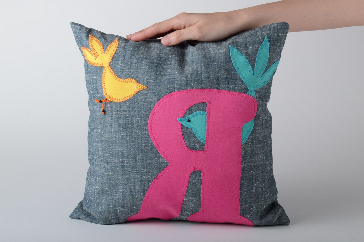 Handmade designer fabric cushion with removable pillowcase decorated with letter applique photo 5