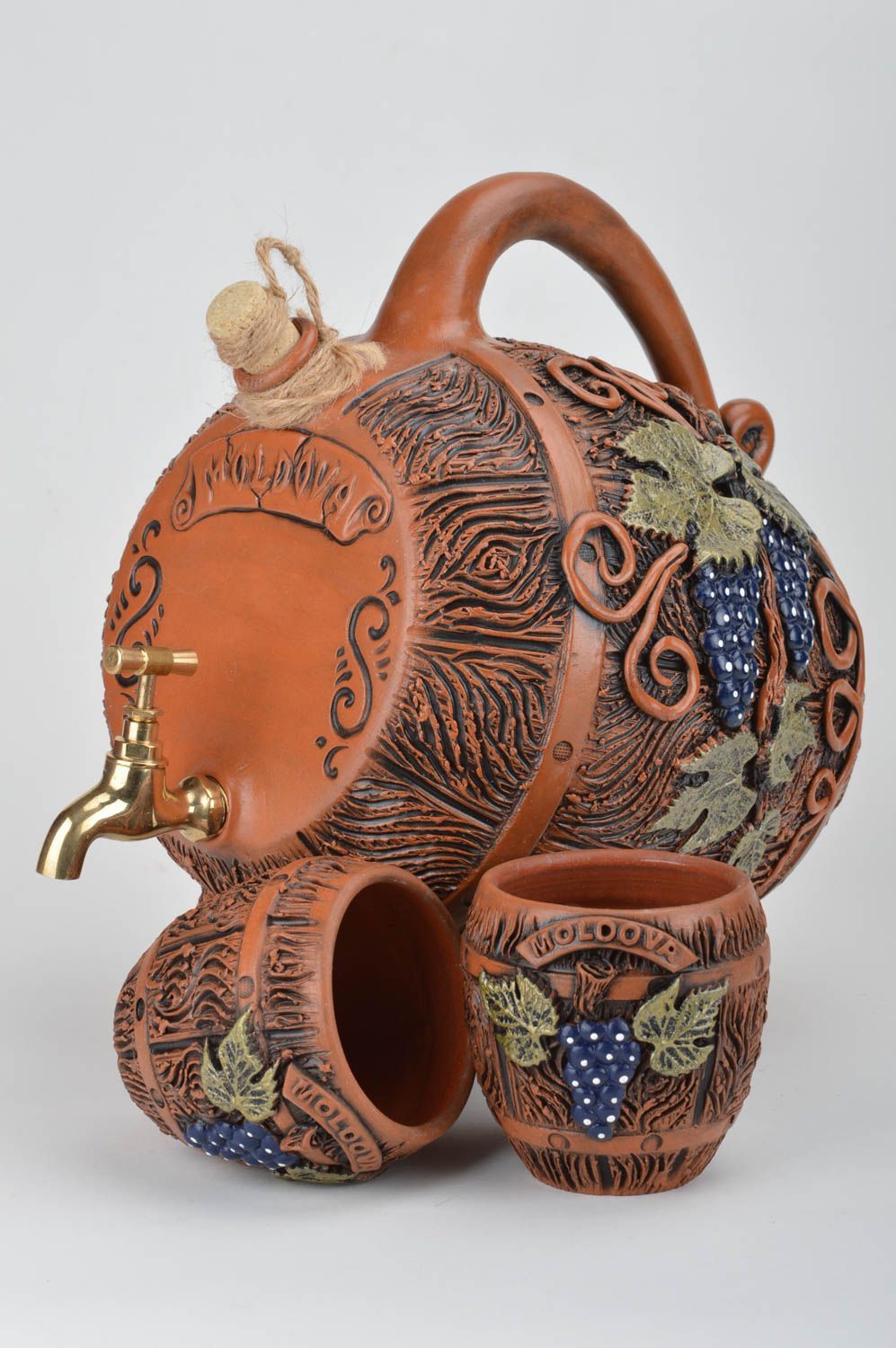Handmade decorative ceramic wine barrel and 2 shot glasses set of 3 pieces photo 1