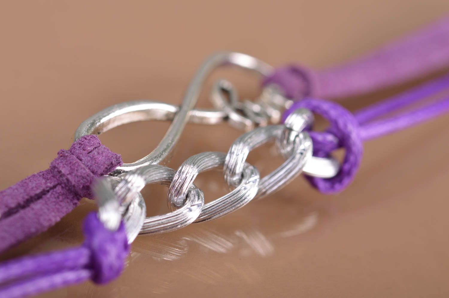 Handmade multi row laconic suede cord wrist bracelet with metal insert violet photo 4