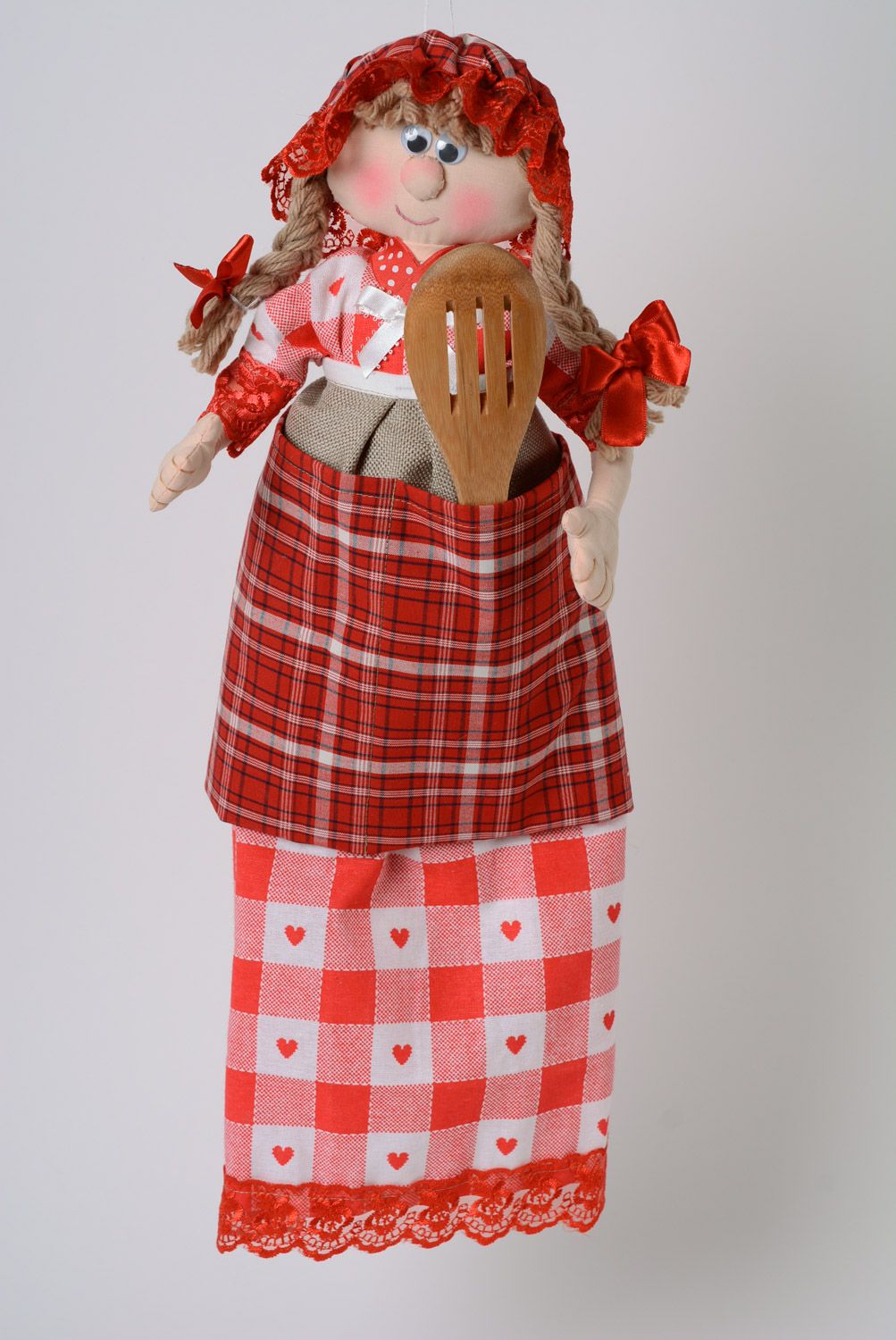 Muñeca guarda bolsas hecha a mano de tela de punto y algodón foto 1