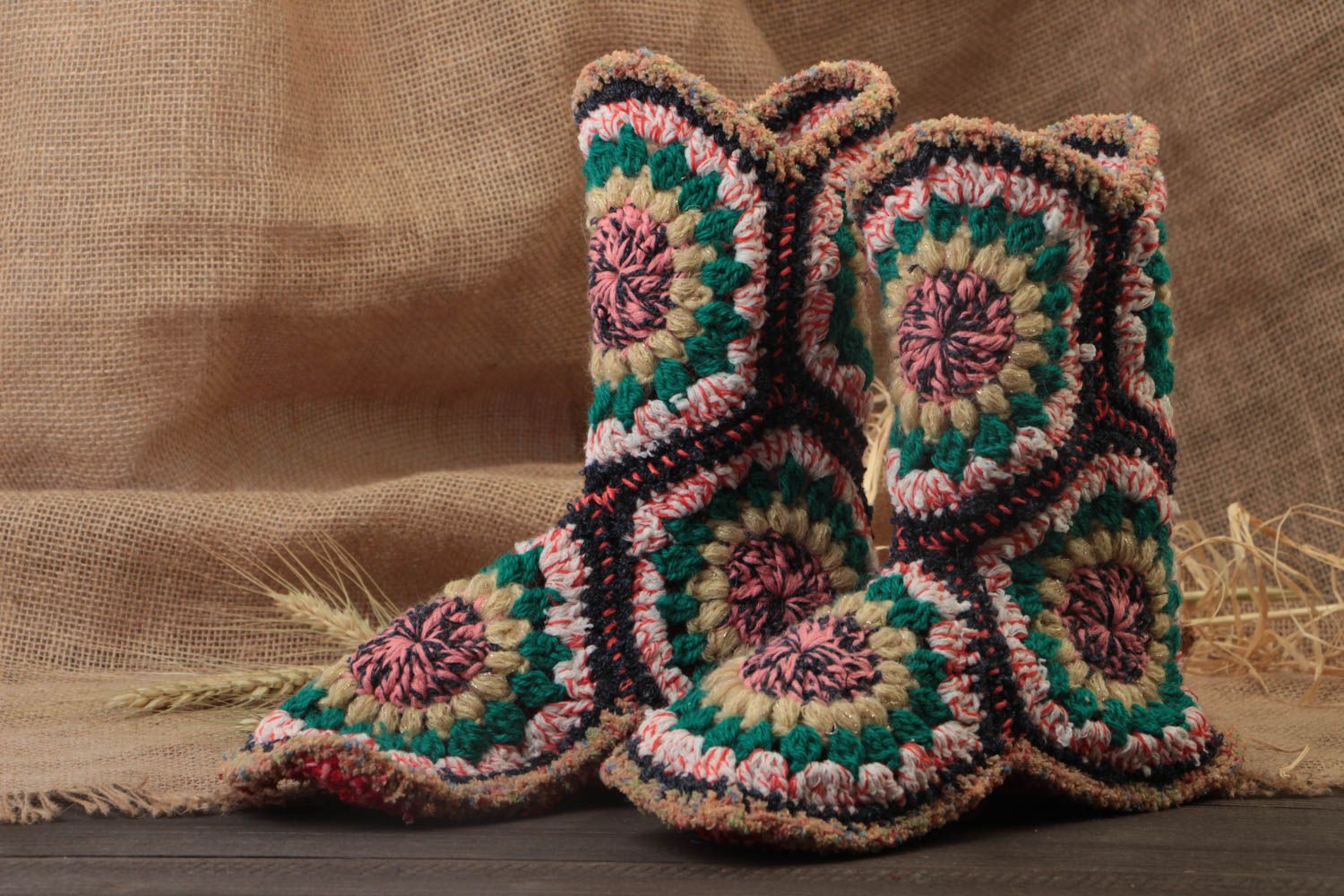 Convenient soft handmade crocheted home slippers made of mixed threads photo 1