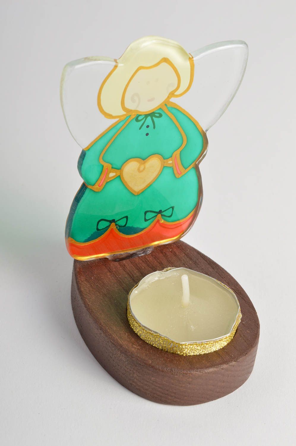 Candelero decorativo pintado artesanal en técnica fusing ángel con corazón foto 4