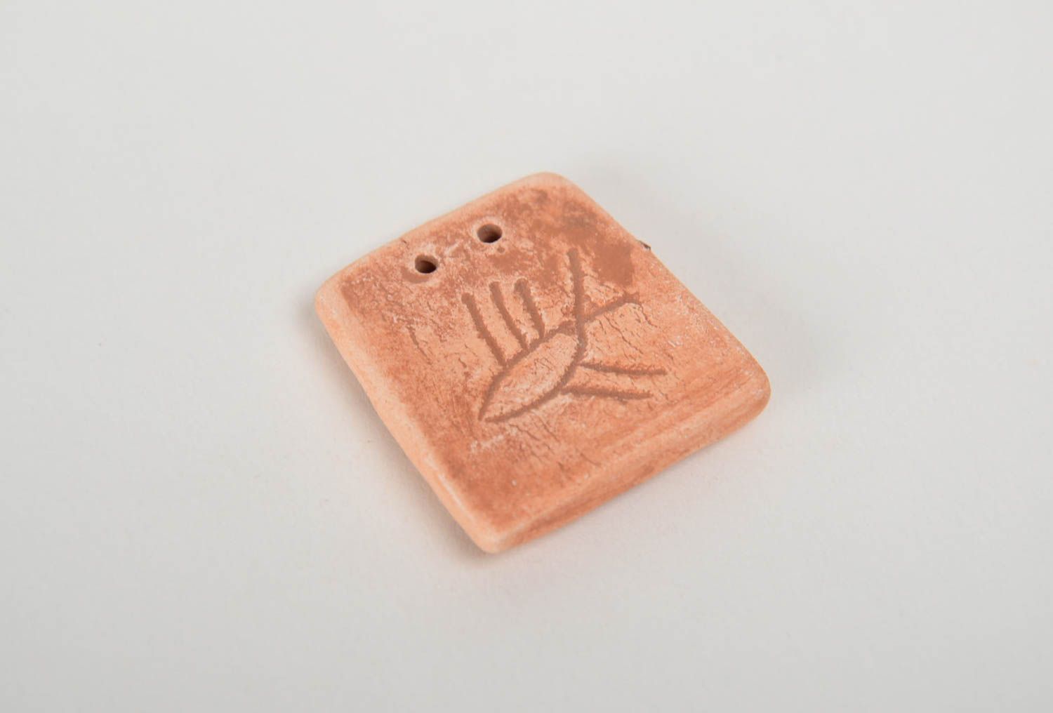 Square flat relief handmade ceramic charm for ethnic jewelry making photo 3