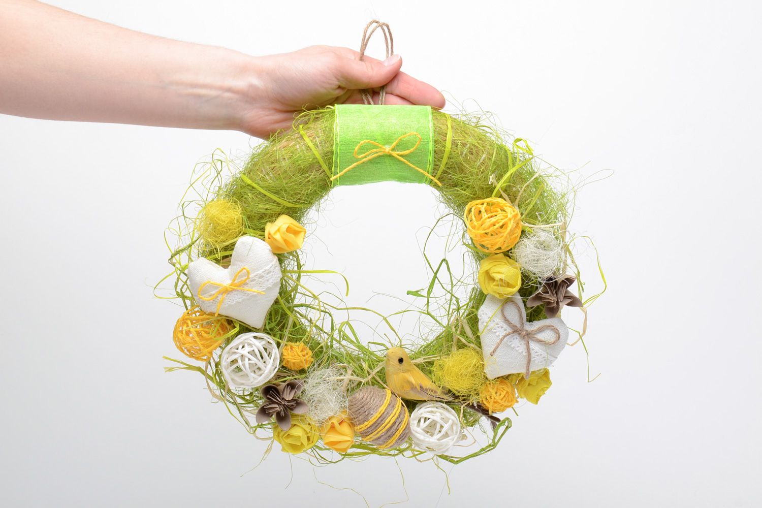 Handmade Easter door wreath with eggs and birds for interior decoration photo 5