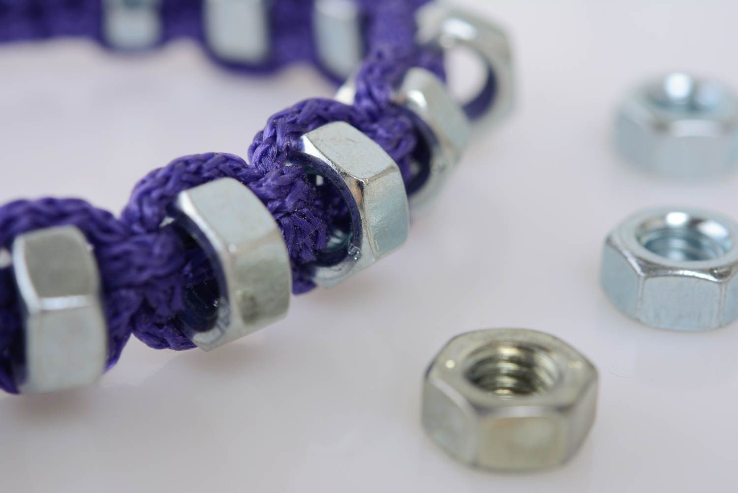 Handmade macrame bracelet made of cord and screw nuts blue drawstring accessory photo 2