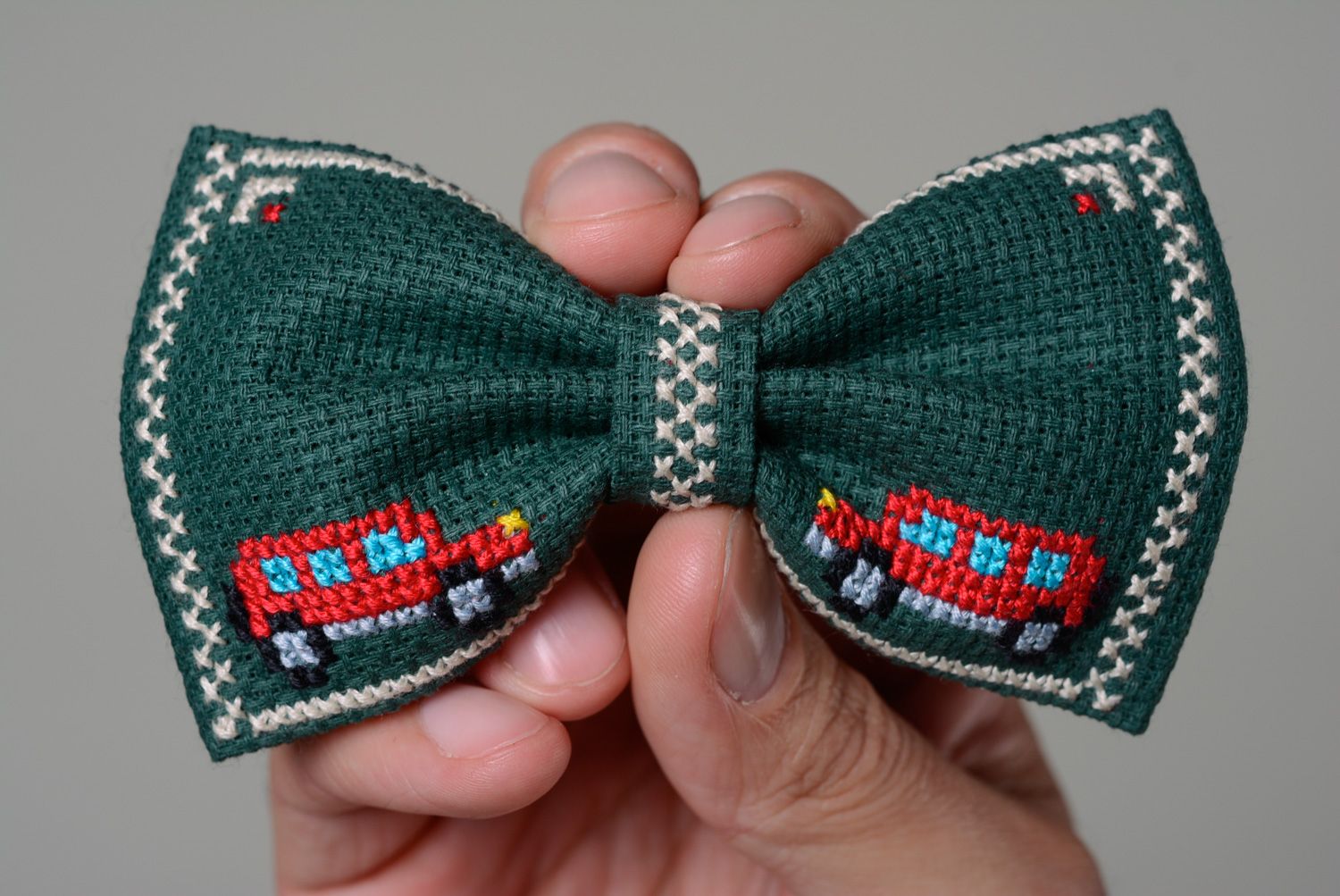 Handmade cross stitch embroidered canvas bow tie Cars photo 3