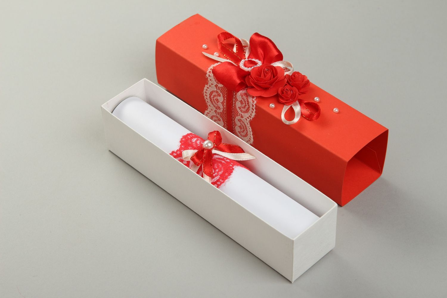 Invitación para boda roja cn encaje hecha a mano caja bonita accesorio nupcial foto 3