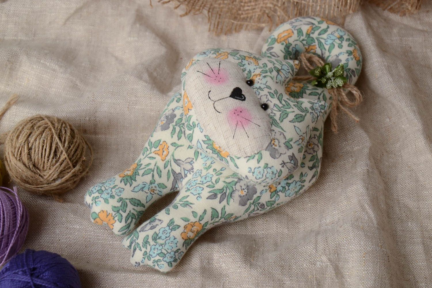Handmade cotton fabric soft toy cat with curled tail for door decor photo 1