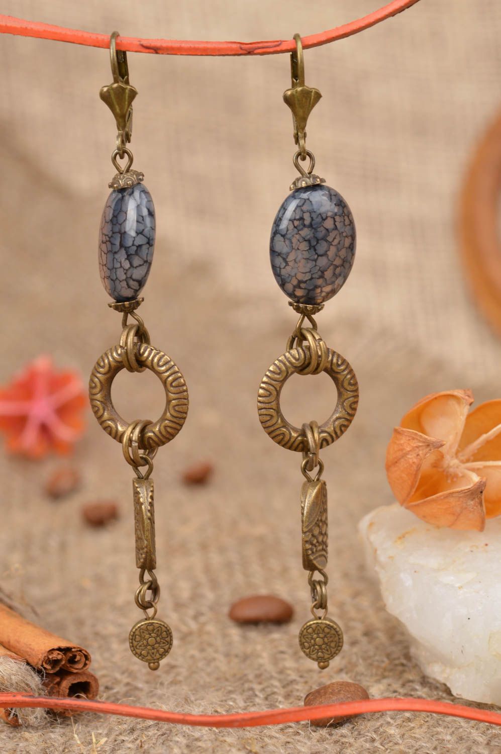 Handmade massive designer metal long dangle earrings with violet beads Snake Eye photo 1