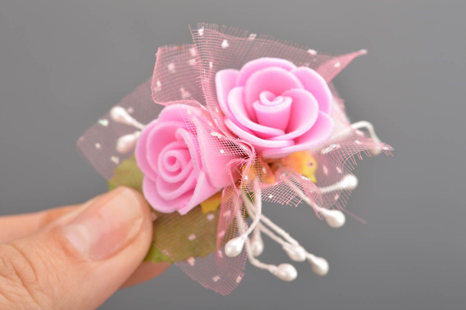 Pink hair clip made of artificial flowers and lace for little princesses  photo 3