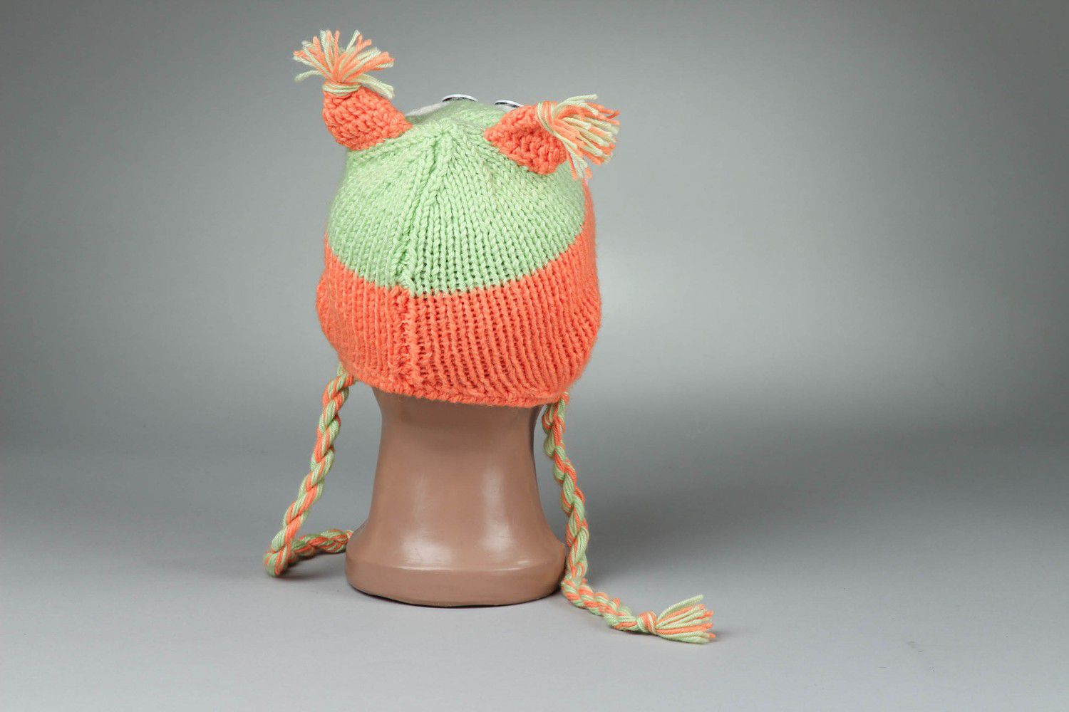 Bonnet tricoté hibou orange vert fait main photo 3