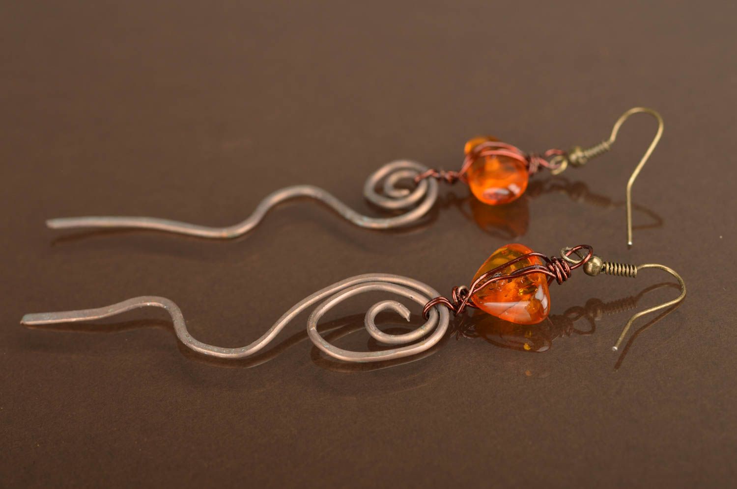 Unusual long handcrafted metal earrings with natural stone amber beautiful gift photo 3