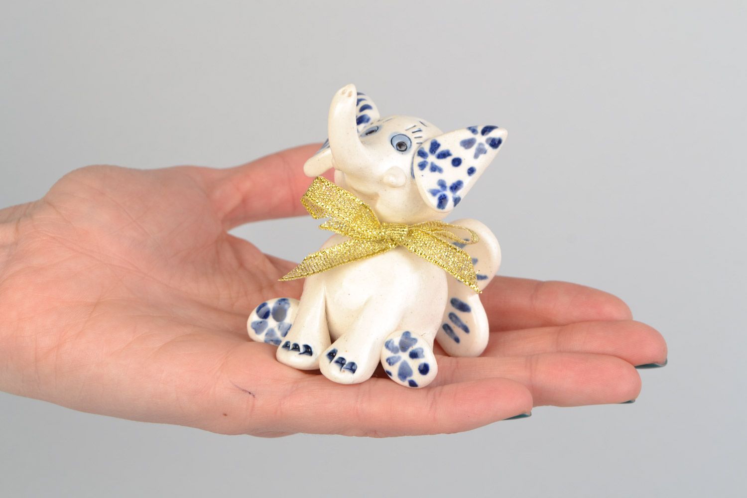 Handmade clay elephant figurine white with blue glaze painting small for home decor photo 2
