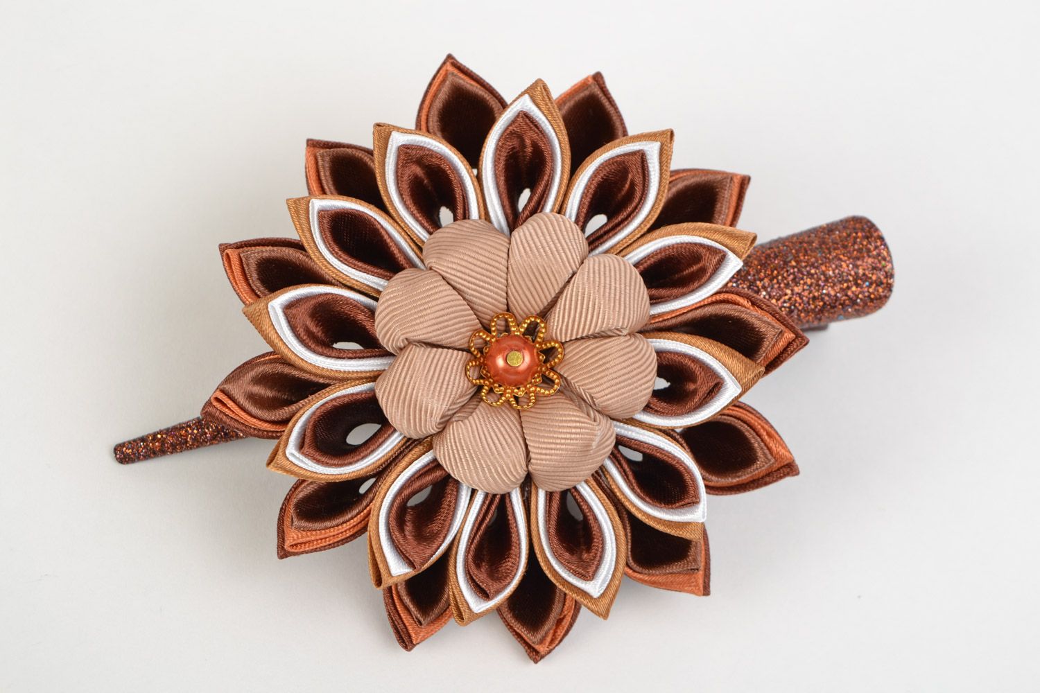 Beautiful kanzashi flower hair clip hand made of satin and rep ribbons photo 3