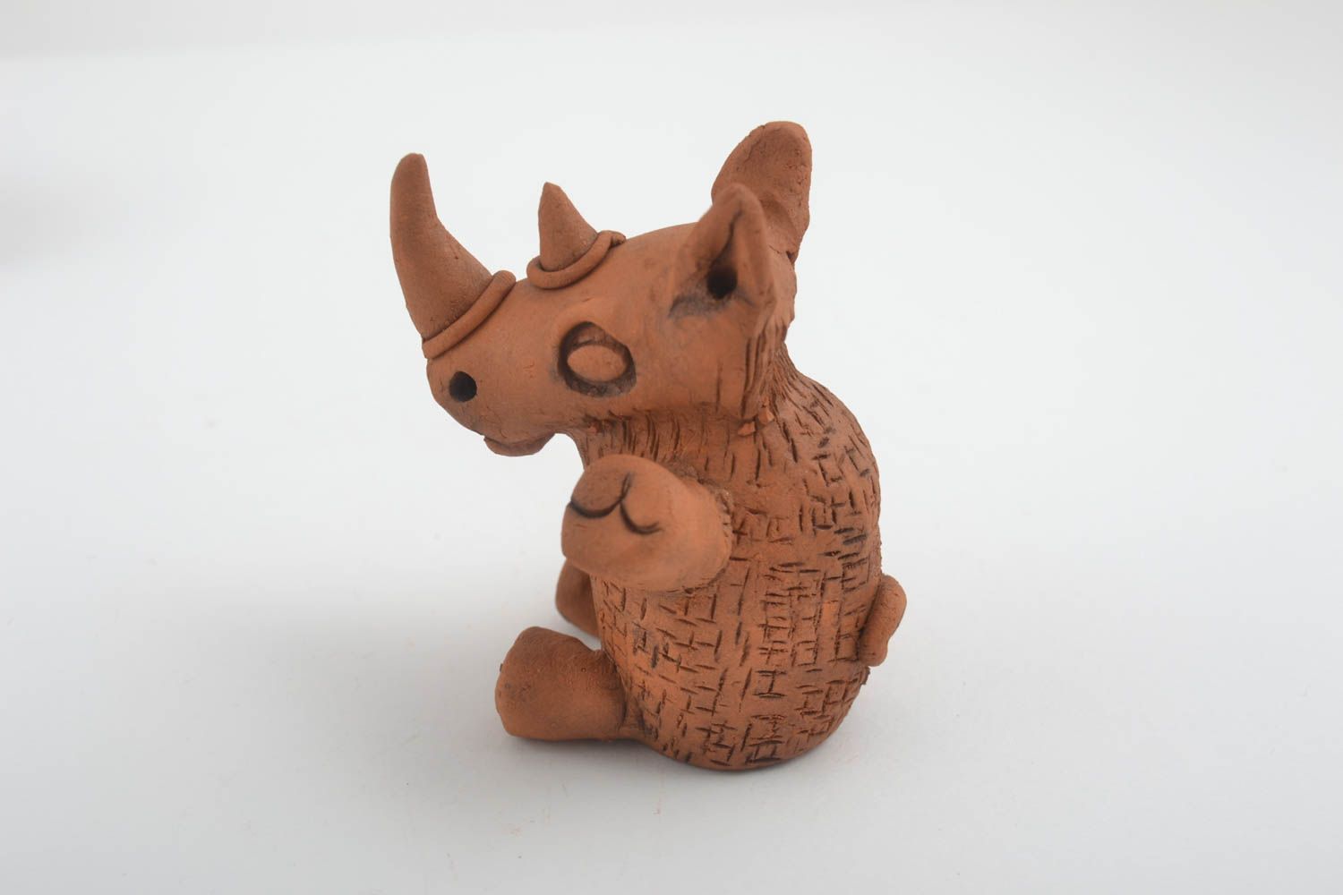 Handmade Keramik Deko Figur aus Ton Deko Figur Tier Statue Nashorn bemalt klein  foto 3