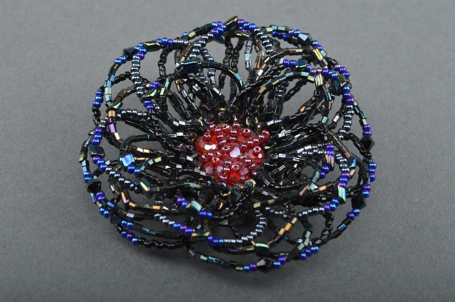 Handmade beaded flower brooch of dark color and average size woven with fishing line photo 2