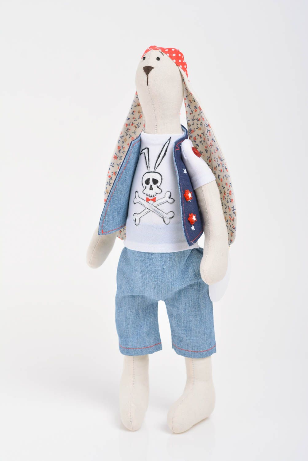 Handmade designer funny cotton fabric soft toy rabbit punk rocker in bandanna photo 1