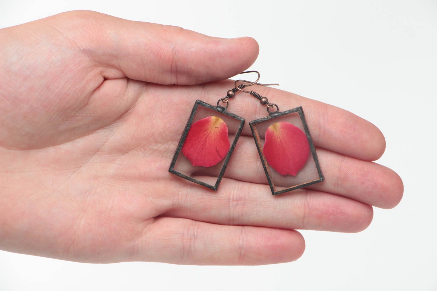Beautiful handmade designer glass earrings with red petals inside photo 5