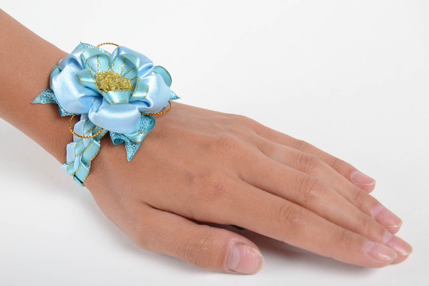 Corsage de poignet Bracelet fait main fleur bleu rubans Accessoire mariage photo 2