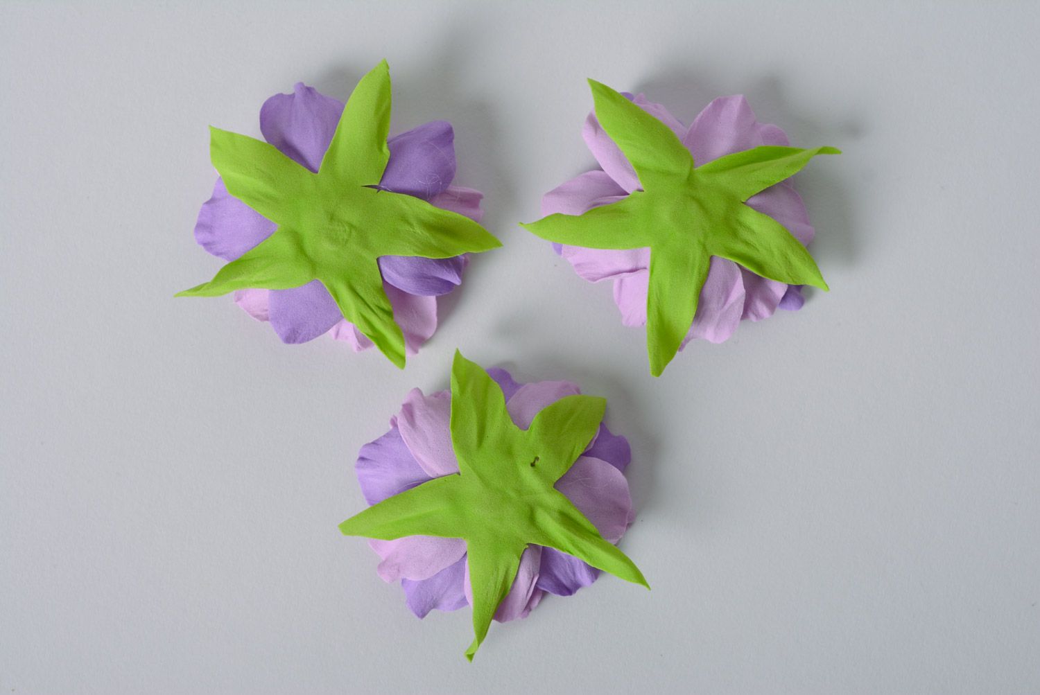 Handmade beautiful foamiran flowers set of 3 pieces with rhinestones of purple color for decor photo 5